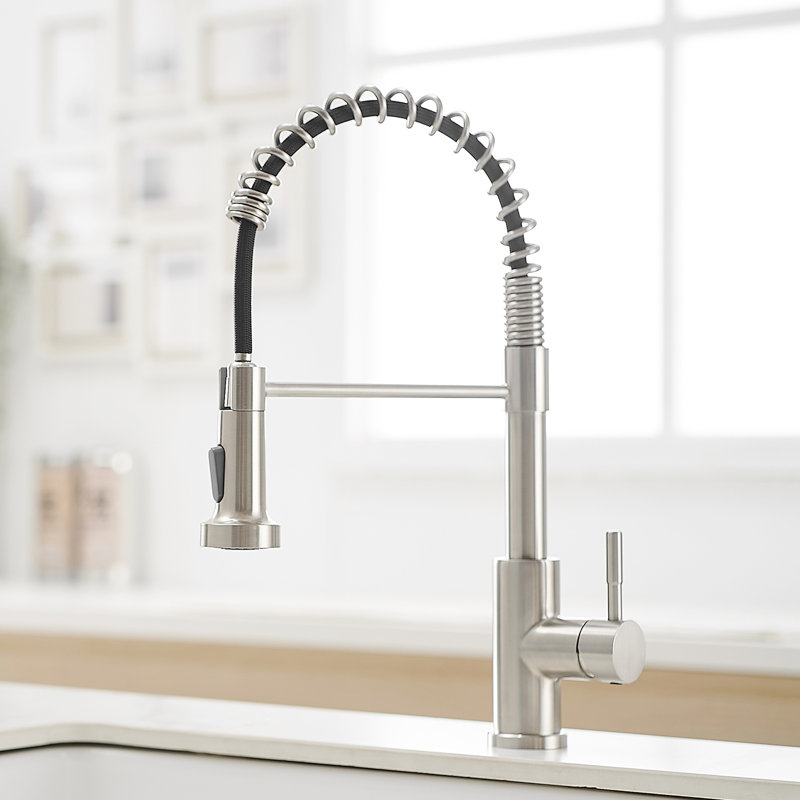 Robinet de cuisine rétractable à poignée simple, nickel brossé, acier inoxydable, robinet au design magnifique dans la poignée, captivant