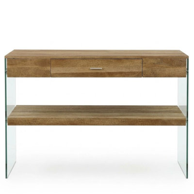 Rein Rein Console rectangulaire en bois naturel avec côtés et tiroir en verre transparent