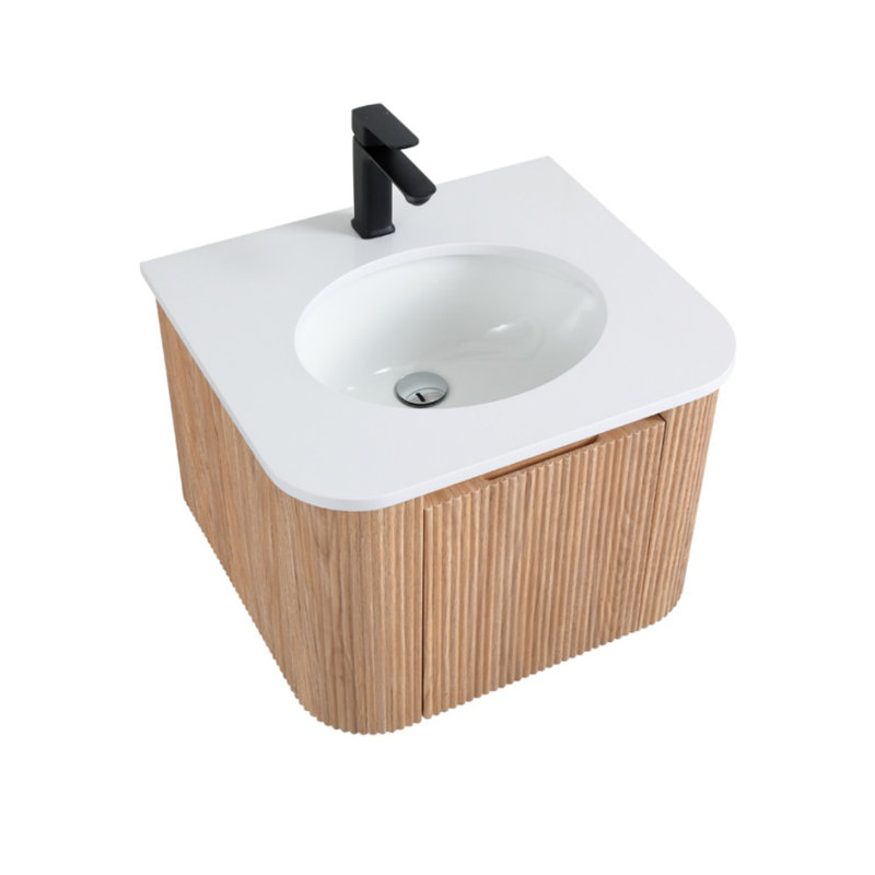 Meuble-lavabo mural courbé 24 po avec lavabo, plateau en marbre de culture et lavabo simple en céramique, armoire rayée pré-assemblée avec tiroir à fermeture en douceur