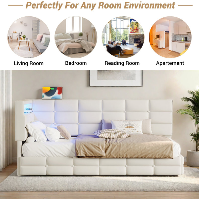 Upholstered Daybed With 2 Drawers, Charging Station, Led Lights, Storage Headboard And Checkered Button Decoration, Beige