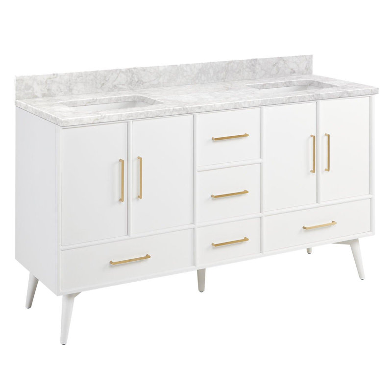 60" Novak Double Bathroom Vanity Set with Rectangular Undermount Sinks, No Faucet Hole, White, Carrara Marble