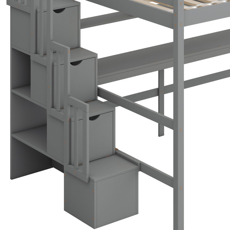 Loft Bed With Desk, Storage Shelves And Staircase, Gray