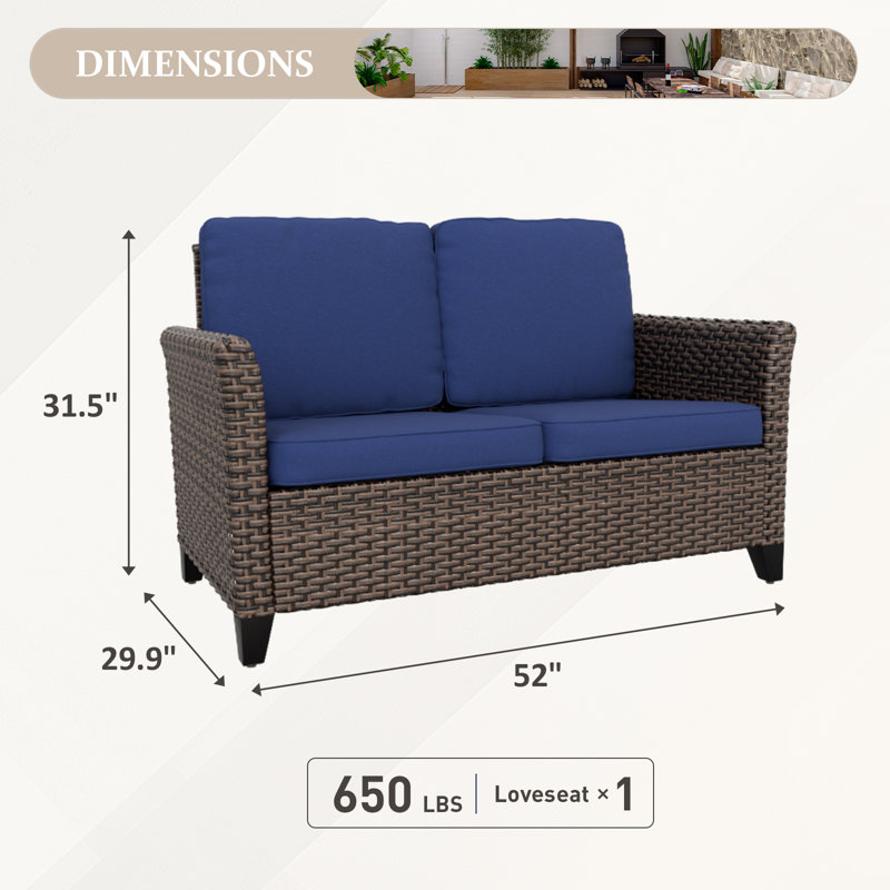 Powder Coated Black Steel Two-Seater Wicker Loveseat with Blue Cushions