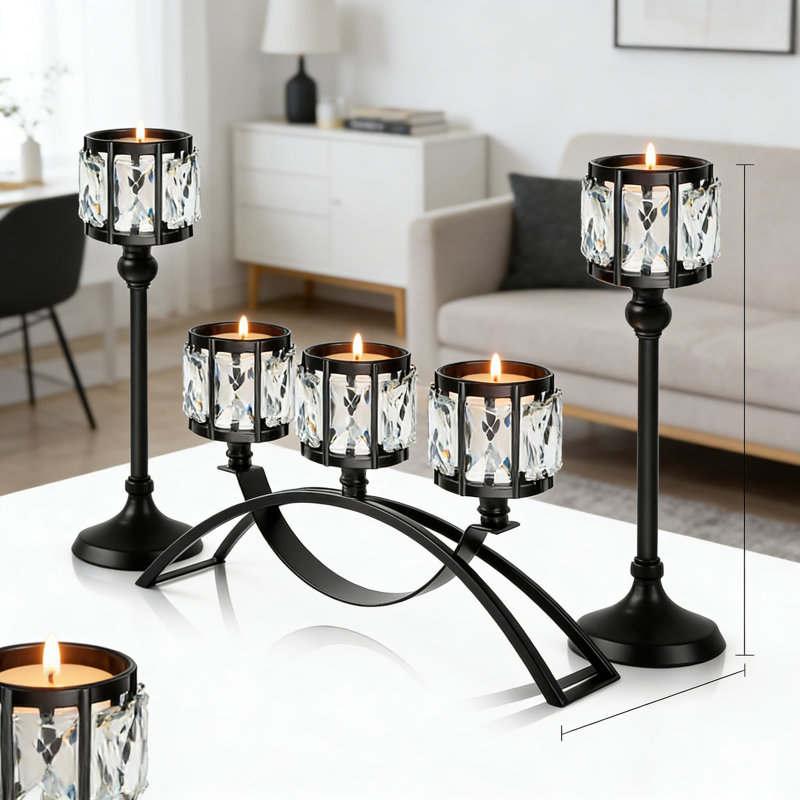 3-Arm Crystal Tealight Candelabra With Bowl Holders - Elegant Centerpiece For Wedding, Table, And Home Decor, Black