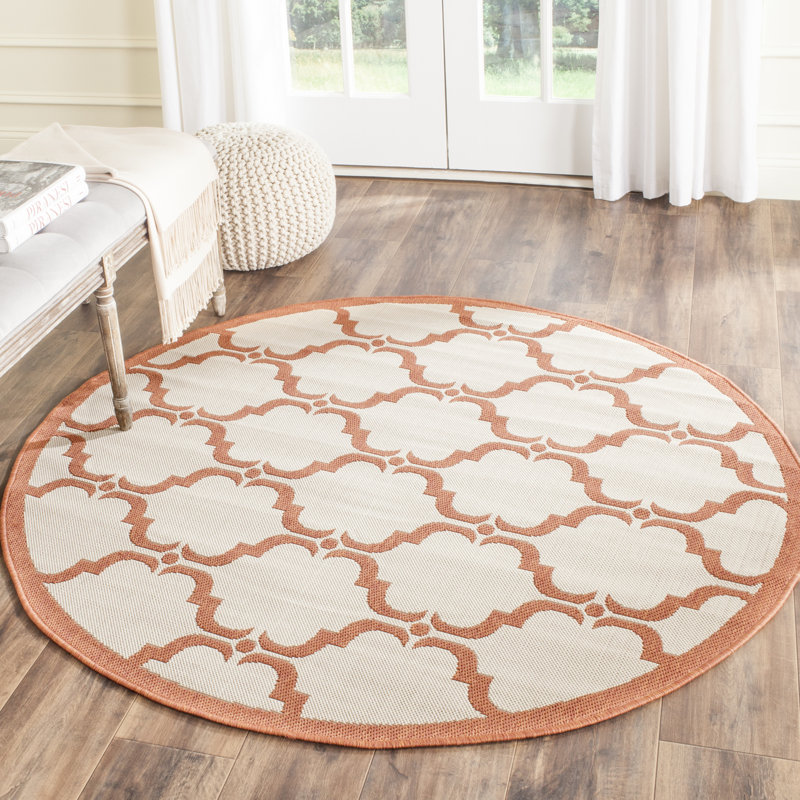 Tapis à motif géométrique intérieur/extérieur beige/rouge Herefordshire, Rond 5 pi