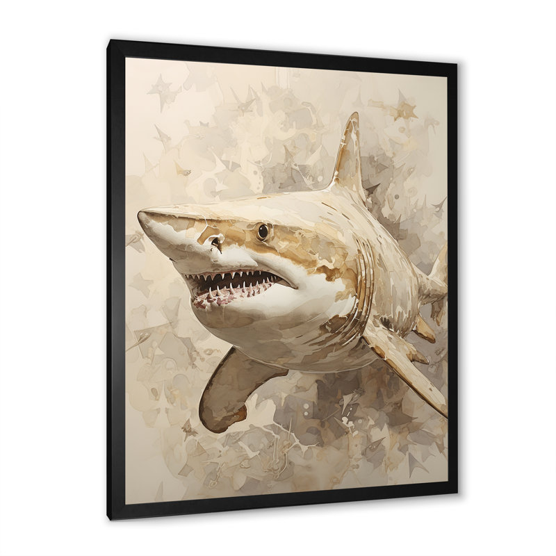 Peinture de requin minimalisme en beige doré III sur toile, Cadre simple noir, H 20 po x l 12 po x P 1 po