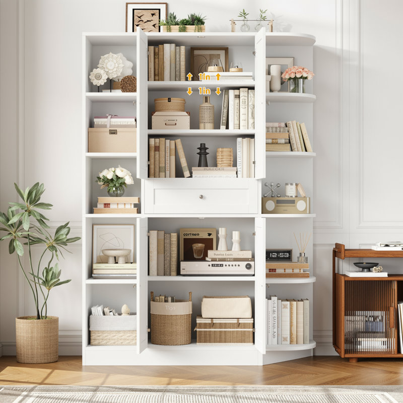 Bibliothèque H 70,9 po, armoire de rangement avec 10 tablettes ouvertes et tiroir central, Blanc