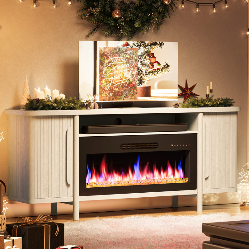 Berania TV Stand for TVs up to 75" with Fireplace Included, White Sand