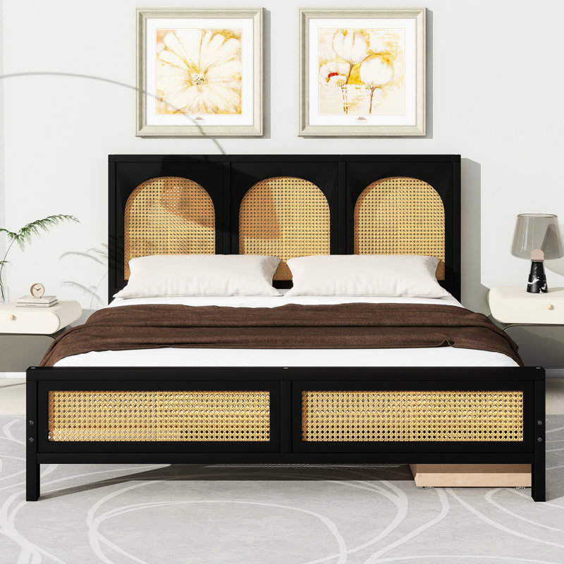 Grand lit plateforme avec 2 tiroirs et finition en bois noir et froid