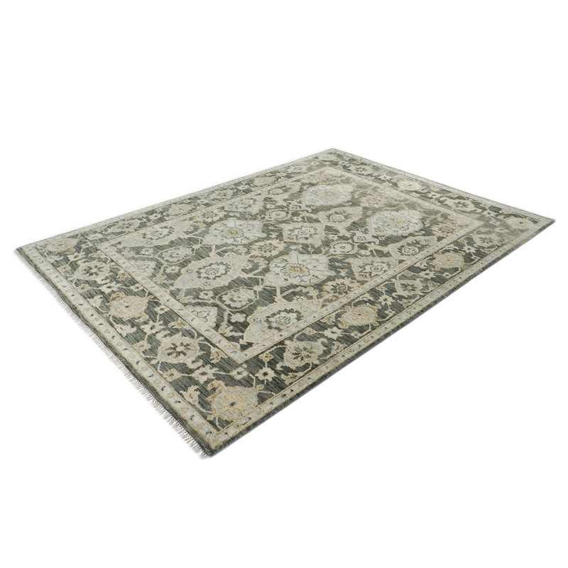Tapis transitionnel Oushak gris en laine noué à la main 9 x 11 pi 10 po