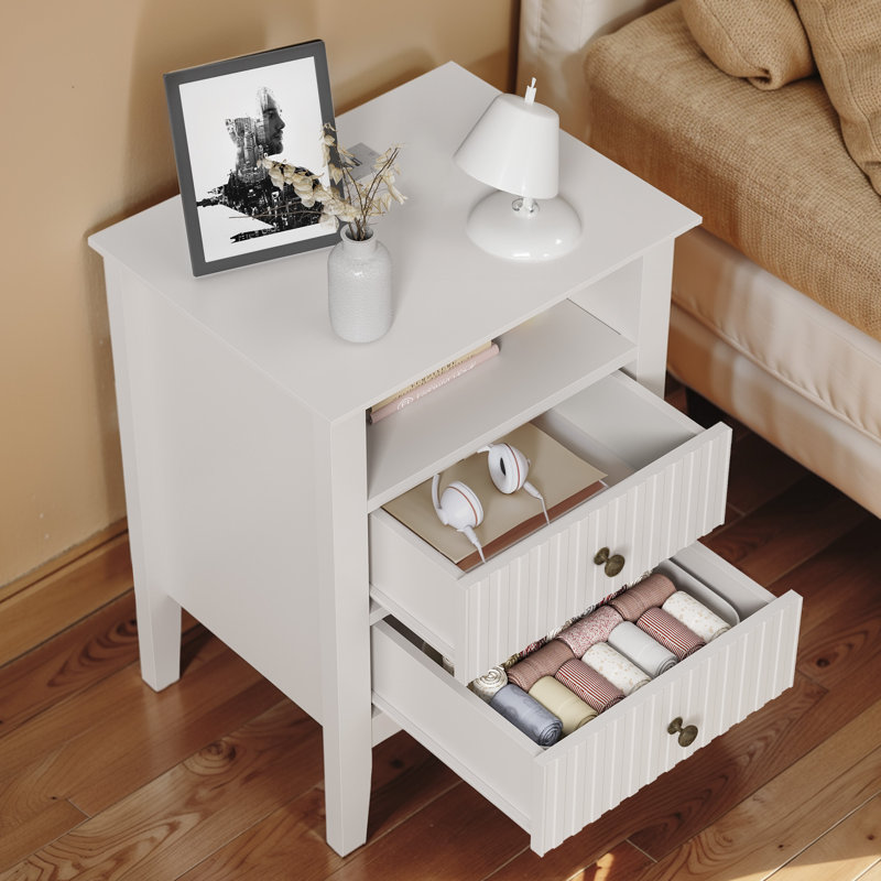 Table de chevet cannelée moderne avec station de charge et 2 tiroirs, Individuel