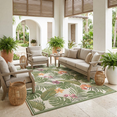 Tapis d'intérieur / extérieur ivoire / vert forêt à motif floral Mayshar