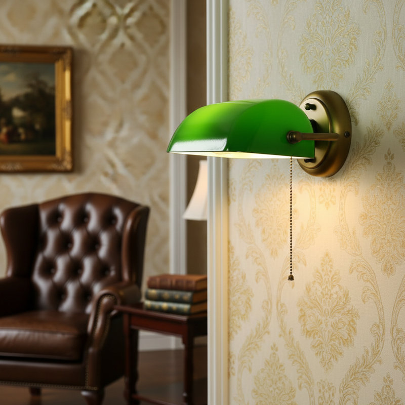 Banker Vintage Wall Sconce With Adjustable Glass Shade, Green Or White Glass And Antique Brass Finish, Pull Chain Switch, E26 Socket Wall Light For Office, Library And Living Room