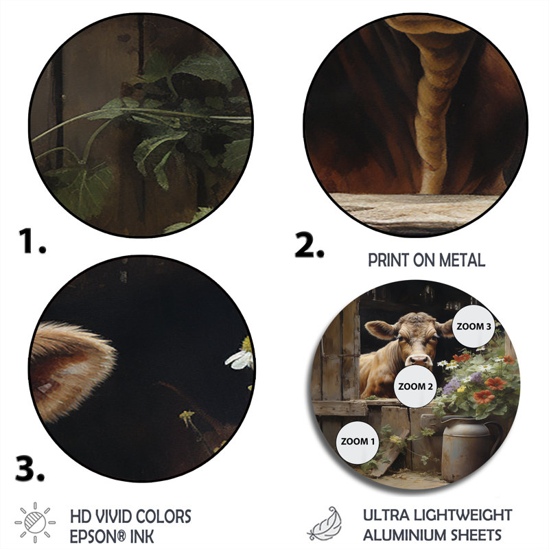 Vache, charme rustique III - animaux, art en métal rond, H 16 po x l 16 po