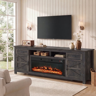 80" Farmhouse Wood TV Stand with Electric Fireplace, Spacious Storage Drawers & Cabinets, Fits TVs Up to 90"