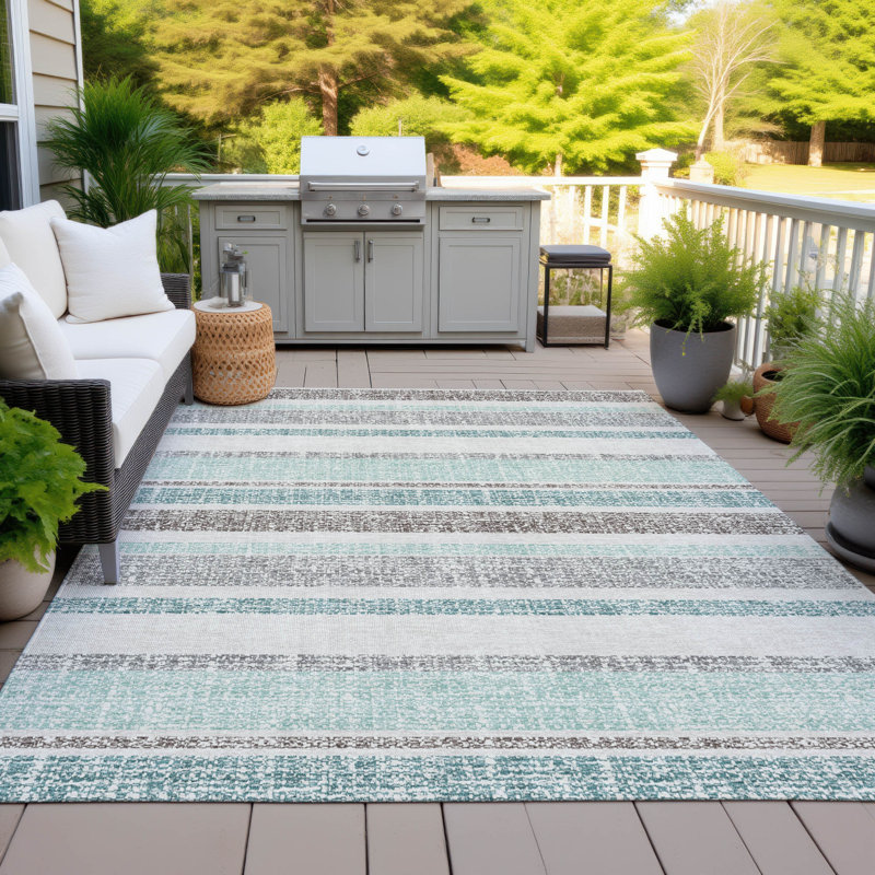 Tapis bleu sarcelle lavable à la machine intérieur / extérieur Xhevrie, Rectangle 10 pi x 14 pi