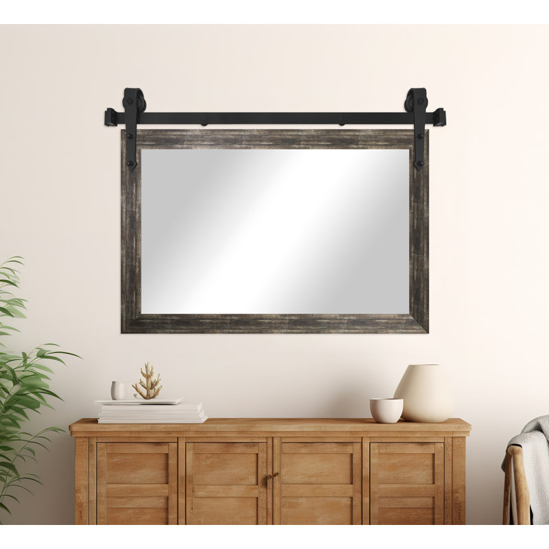 Miroir rustique moderne avec rail de porte de grange en acier, 30 po x 33 po, Brun patiné