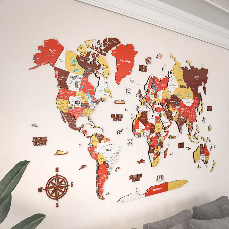 3D Wooden World Map – UV Printed Wall Art, Modern Home & Office Decor, 75cmH x 120cmW x 1cmD, Red/Yellow/Brown/White
