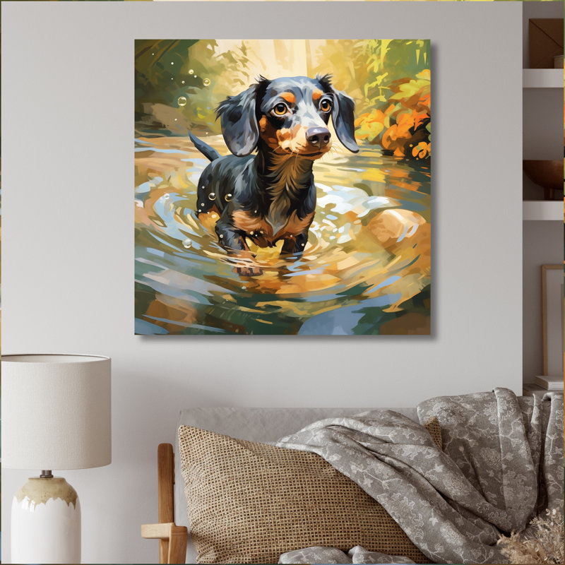 Mignon teckel jouant dans la rivière I sur toile, H 16 po x l 16 po x P 1 po, Toile tendue