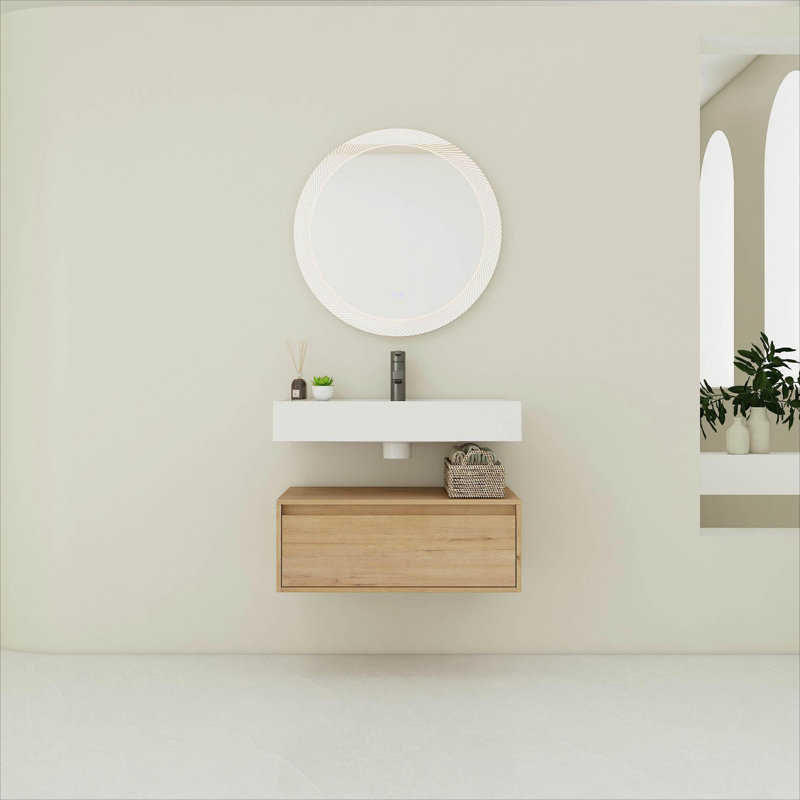 Meuble-lavabo mural 30 po avec lavabo en résine, tiroir à fermeture en douceur et fixation à flotteur
