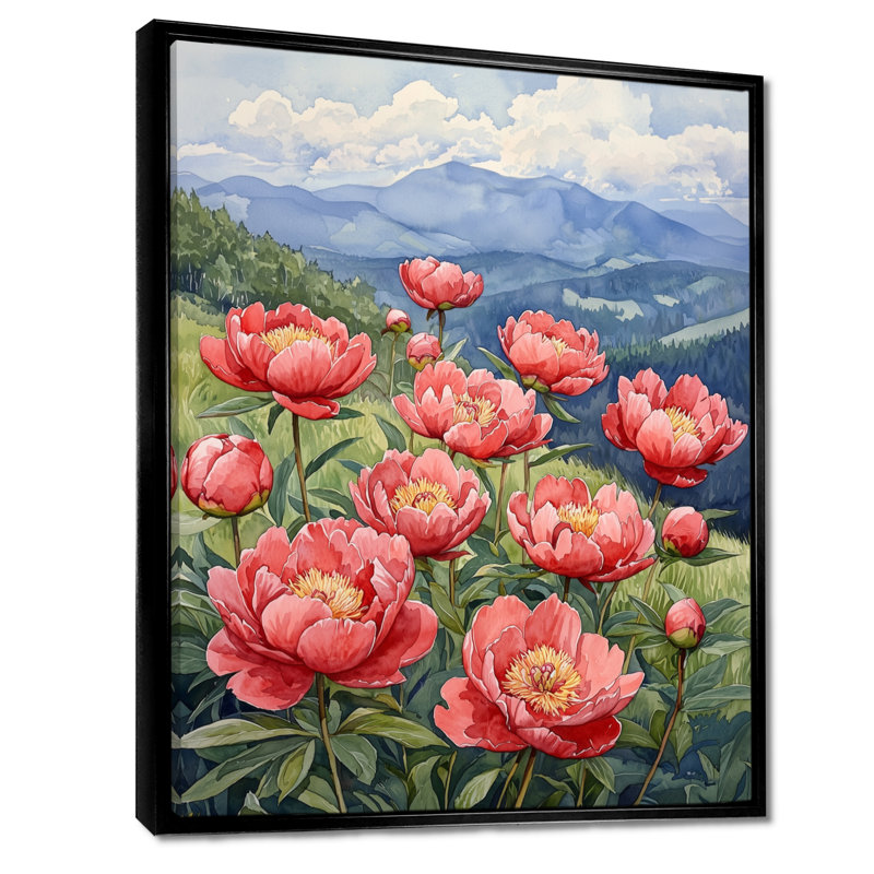 Pivoines dans la crête de montagne II - Pivoines, reproductions encadrées, H 20 po x l 12 po, Noir