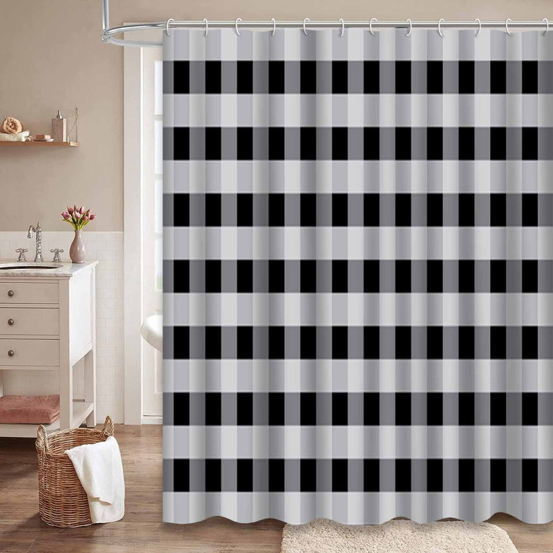 Rideau de douche noir à motif abstrait en toile de vichy noire avec 12 crochets, L 72 po x l 84 po