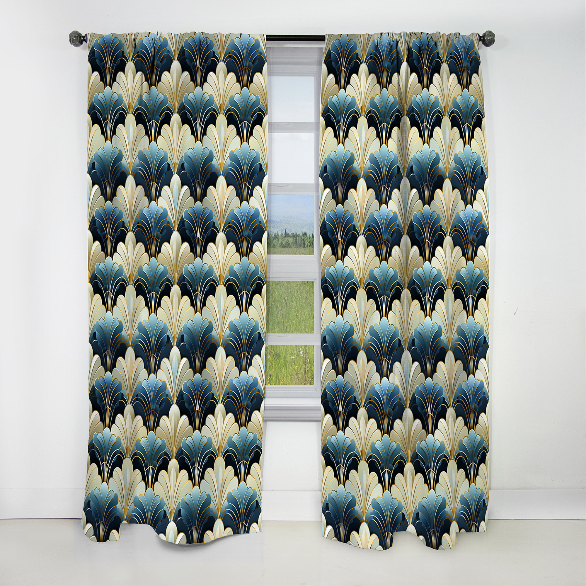 Design Art 1970S Blue And Beige Damask Art Deco - Damask Curtain ...