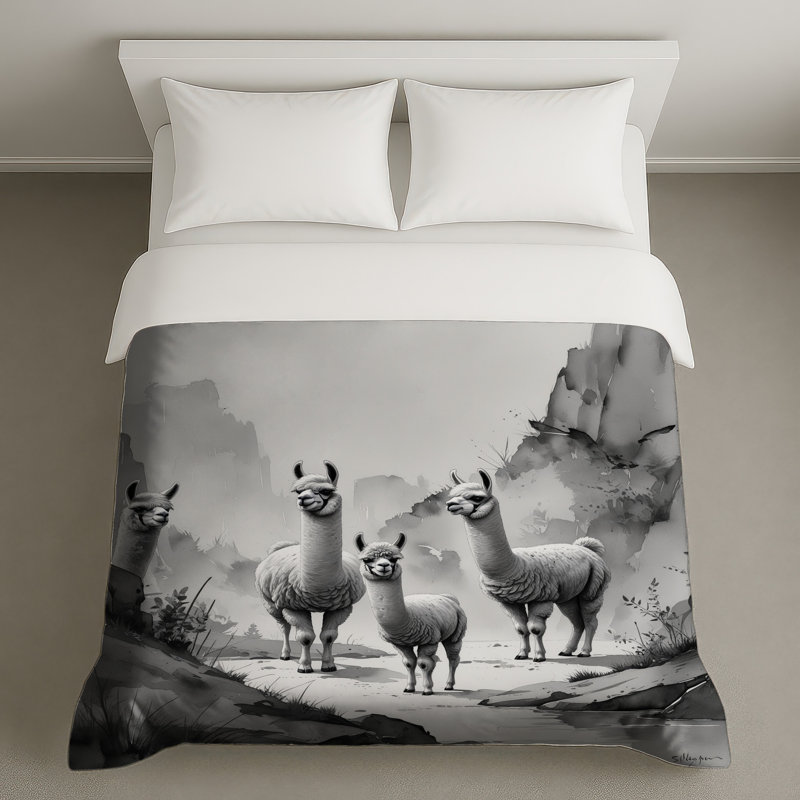Housses de couette noires avec lamas, Grand lit