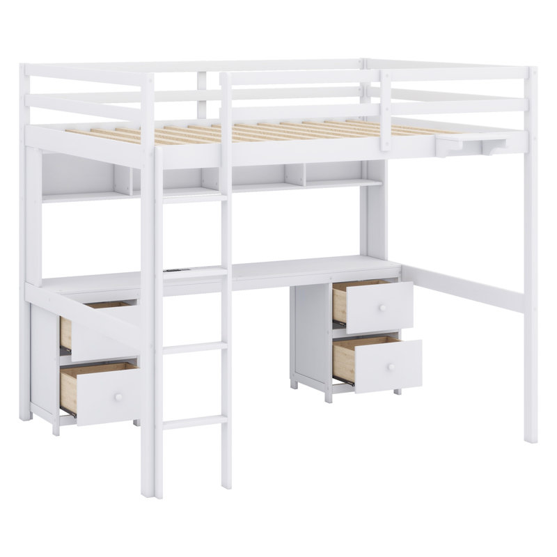 Loft Bed With Desk, Cabinets, Drawers And Bedside Tray, Charging Station, White