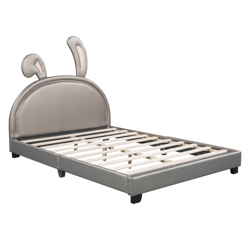 Lit plateforme tapissier en cuir avec ornement en forme de lapin, Full, Argent