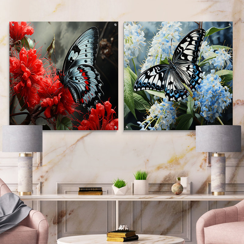 Papillon rose et noir Haven I - ensemble d'acrylique sur verre acrylique, H 36 po x l 73 po