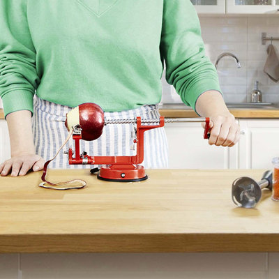 3-in-1 Manual Apple Peeler Slicer Corer with Suction Base, Zinc Alloy Body & Stainless Steel Blades, Hand Crank Fruit Peeling Slicing Coring Tool for Kitchen