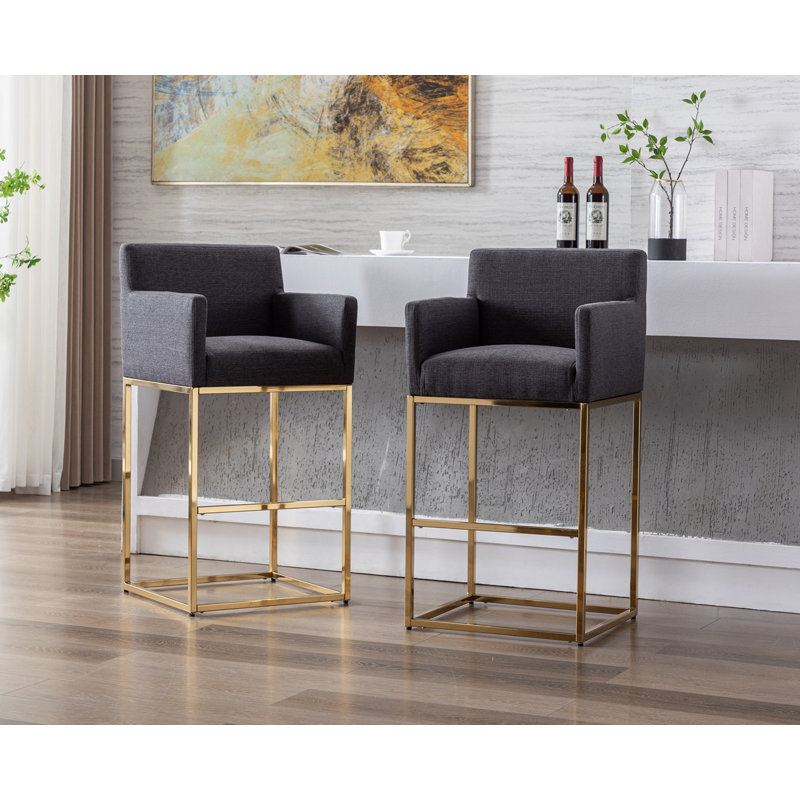 Datia Upholstered Counter Stool with Metal Frame, Charcoal Polyester / Gold Frame, Bar Stool (30.75” Seat Height)