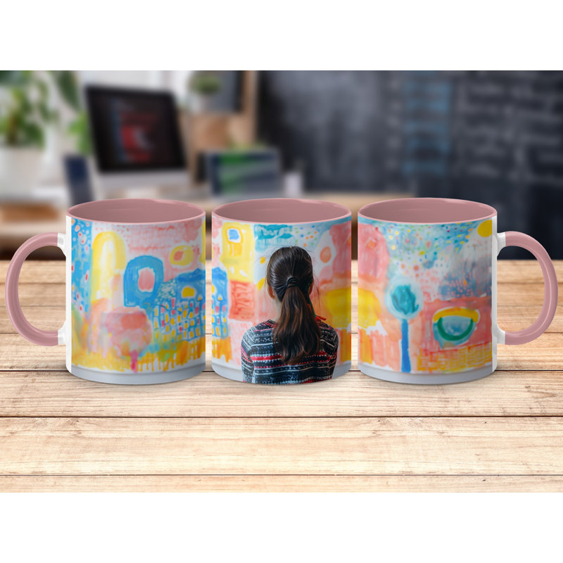 Kids Drawing Style 11oz Accent Mugs – Ceramic Coffee Cup with a Pink Handle and Interior