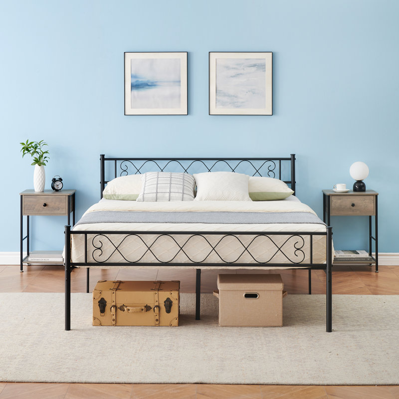 Cadre de lit plateforme en métal robuste avec tête et pied de lit - Design Iron-Art, sommier à lattes en acier, silencieux, sans sommier tapissier, rangement sous le lit de 35,5 cm - Noir, 2 places