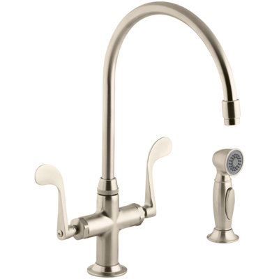 Glass Single-Hole Double Handle Kitchen Faucet with 9" Gooseneck Spout and Accent Sidespray