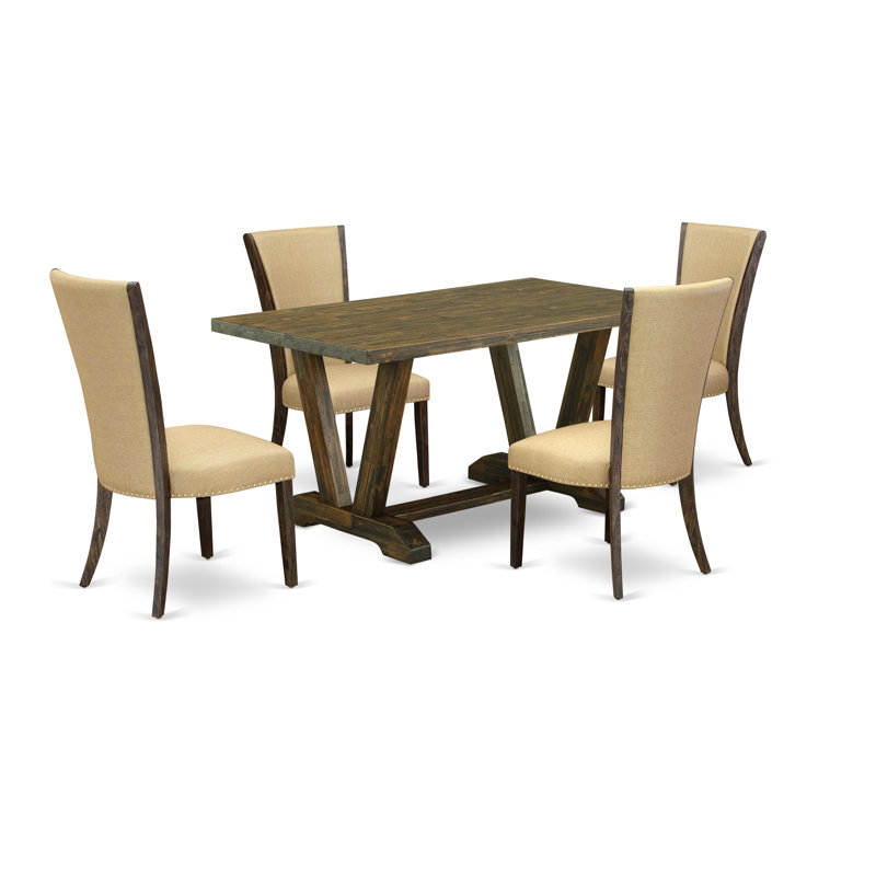 5-piece Table Set Contains a Distressed Jacobean Rectangular Table and 4 Brown Linen Fabric Kitchen Chairs - Distressed Jacobean Finish