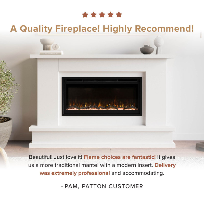Modern Ember Patton 64" Mantel Package with 42" Electric Fireplace - Works w/ Alexa and Google Asst, White