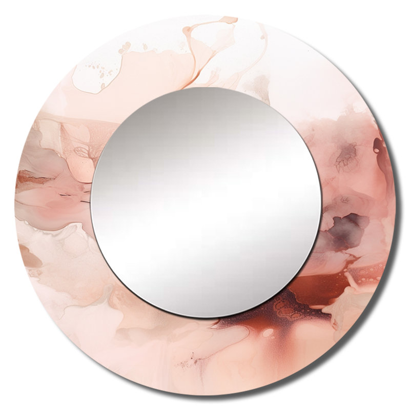 Prevatt rose délicat abstrait marbre II - grand miroir mural, miroir mural rond décoratif moderne, impression d'art en métal