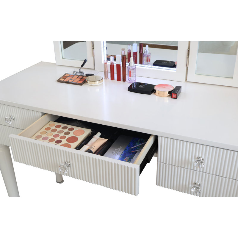 Table de coiffeuse blanche avec lumières à DEL et tiroir à cannelures élégantes pour miroir