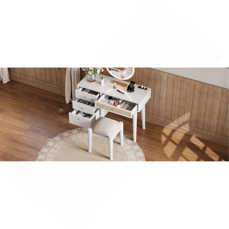 Charming Retro Bohemian Wooden Dressing Table With Multiple Functionalities, White