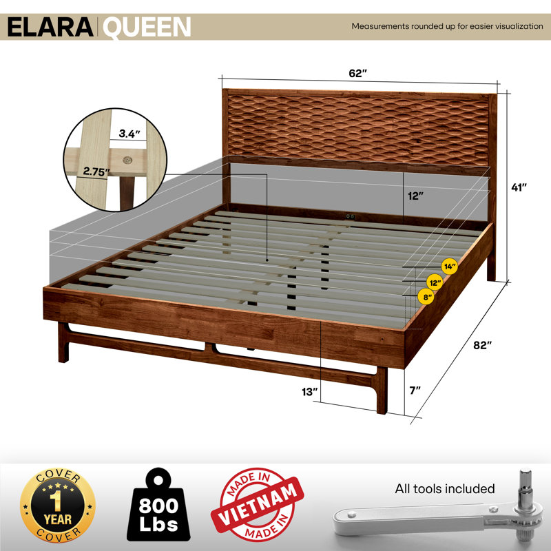 Structure de lit plateforme en bois de noyer massif Elara, Noyer, Grand