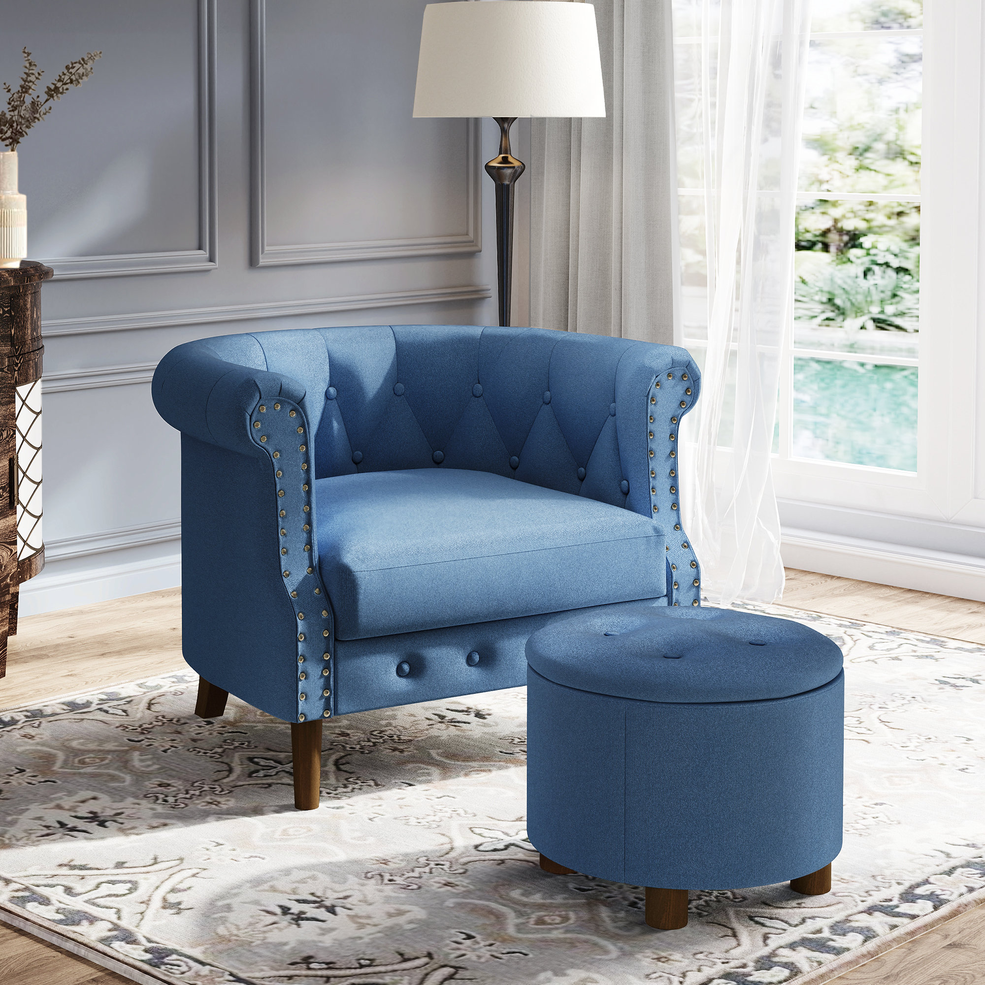 Extra Wide Tufted Back Nailhead Trim Accent Chair with Storage Ottoman 31.5 Width