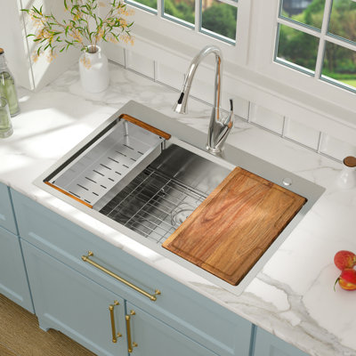  33'' L Drop-In Kitchen Sink Single Bowl 16 Gauge Stainless Steel Workstation Sink Kitchen Sink