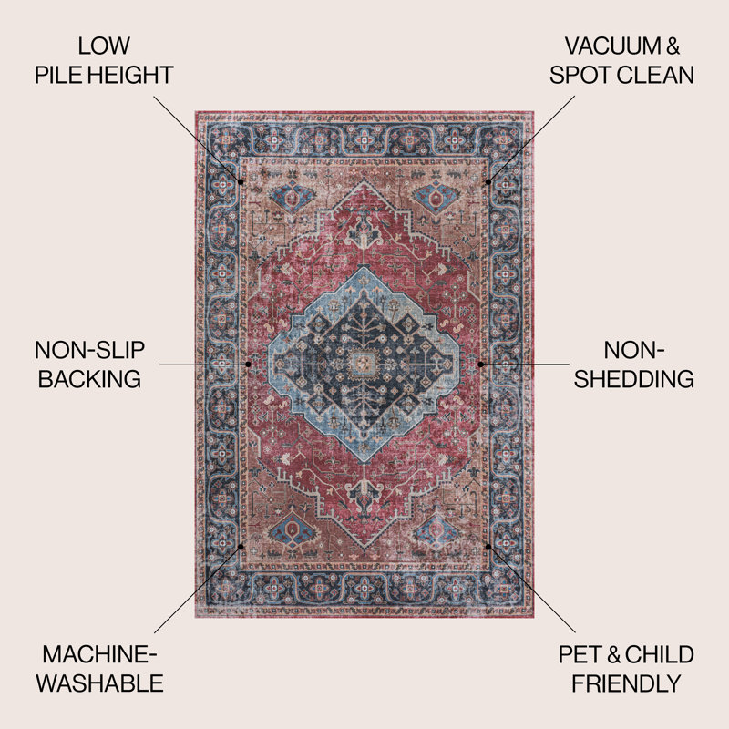 Tapis rouge / bleu / brun Sarok Ogee Medallion, Rectangle 3 pi 11 po x 6 pi