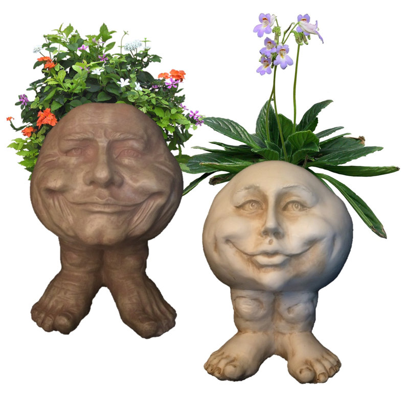 Stone Wash White Humorous Face Statue Planter Set