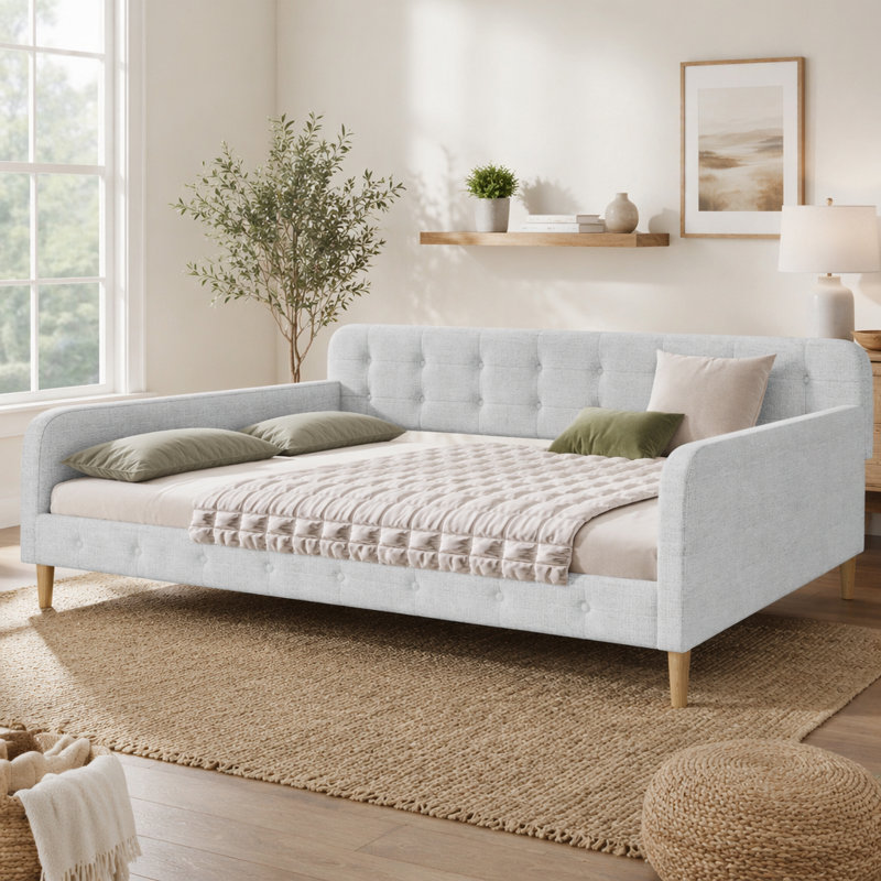 Grand lit de jour rembourré avec 4 pieds de soutien, beige, Queen, Beige