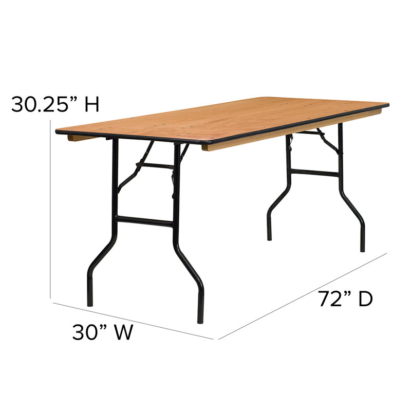 Elegant 72" Black Metal and Brown Wood Rectangular Folding Banquet Table