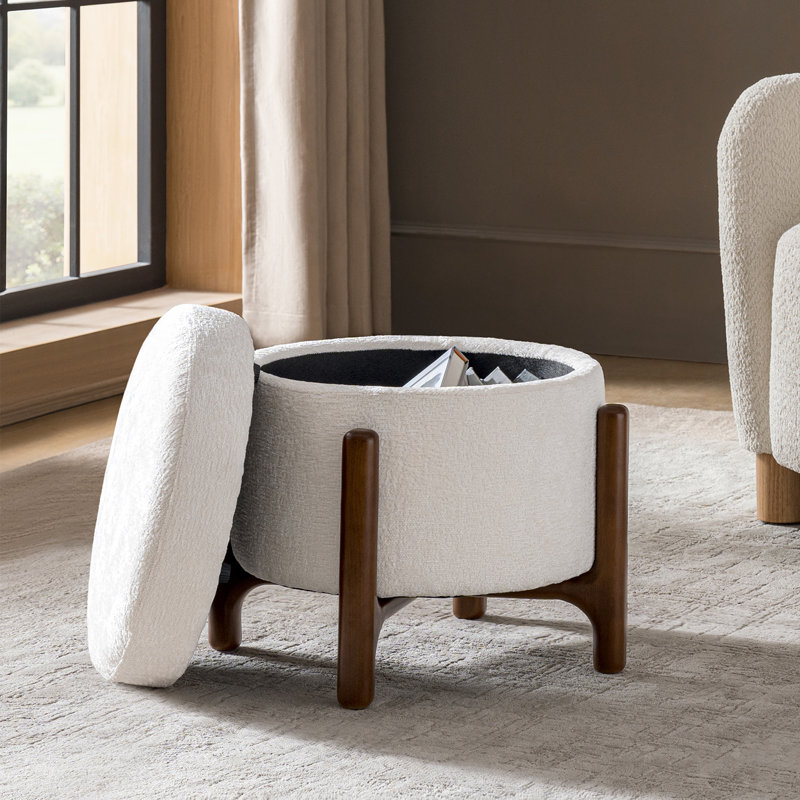 Lessman Modern 20"W Chenille Fully Assemble Round 4-in-1 Ottoman with Solid Wood Base, Ivory