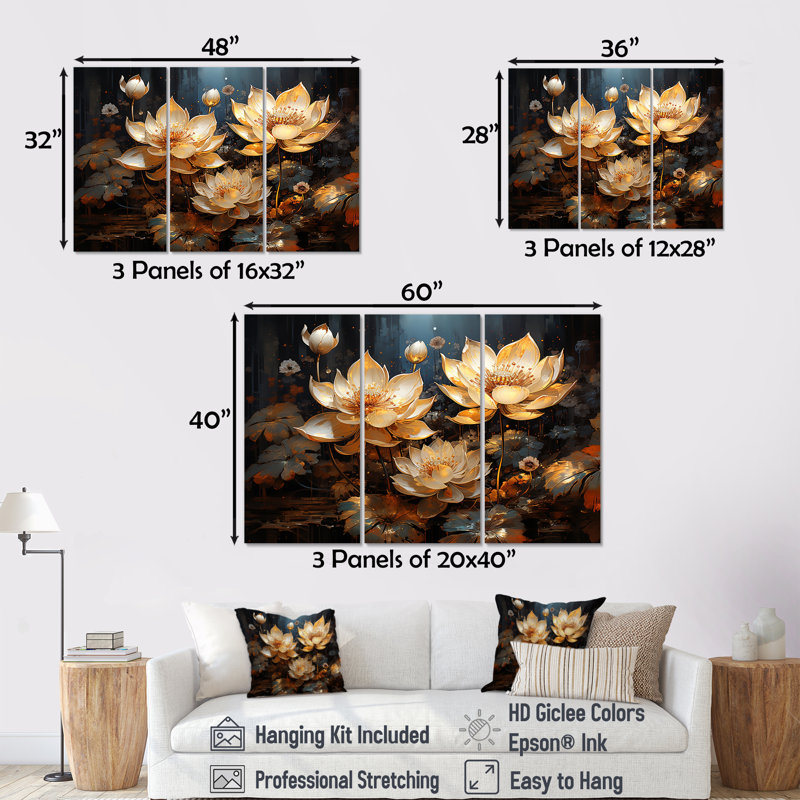 Golden Lotus Tranquility III - lot d'art mural lotus, H 40 po x l 60 po x P 1 po